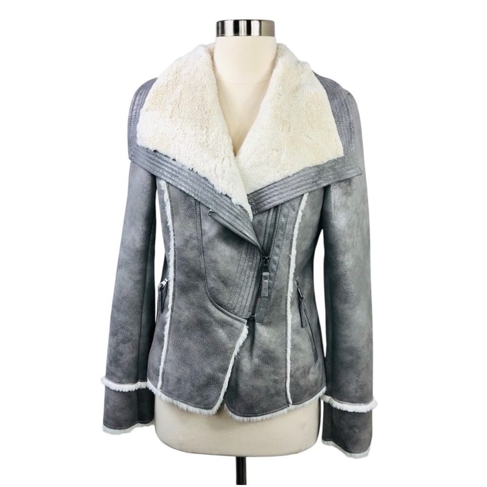 GUESS Shearling Moto Jacket Silver Small NWT Metallic Faux Fur Vegan
